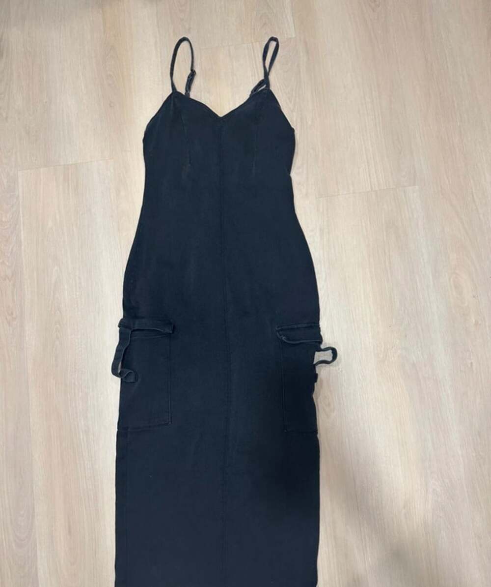Tinseltown Cargo Maxi Dress Size M Black Denim Zip Closure